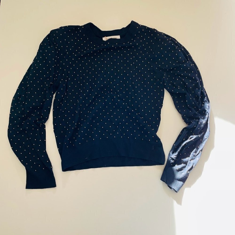 NWT Michael Kors Collection Sweater 100% Merino Wool Midnight Blue Metal Polka L - Picture 4 of 11